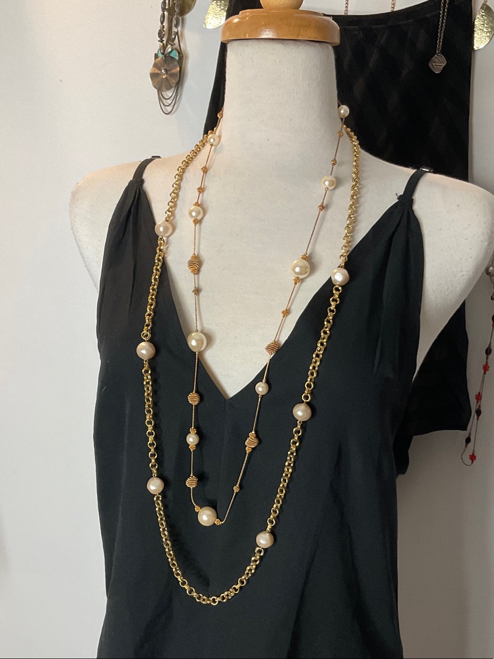 Gold Pearl Long Layered Necklaces